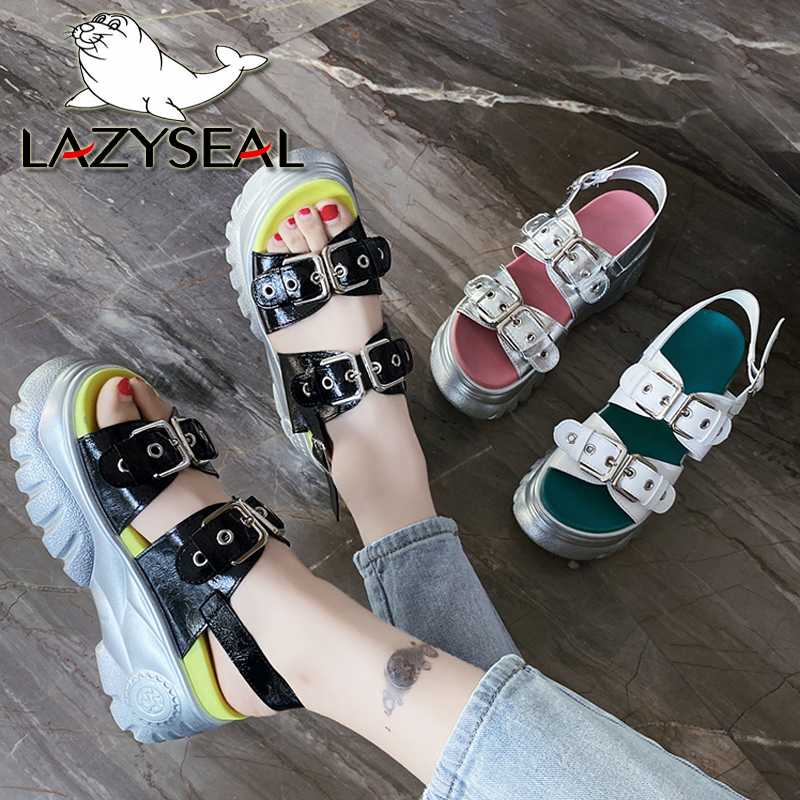 

LazySeal 7..5cm Wedge Heel Women's Sandals Metal Buckle Platform Summer Fashion Beach Sandal Thick Sole Woman Shoes, Silver-slides