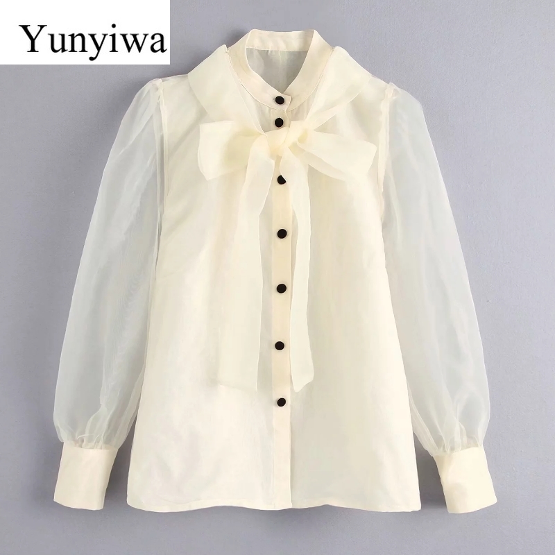 

New Women Elegant Solid Transparent Casual Organza Shirts Blouses Women Bow Tied O Neck Roupas Femininas Chemise Tops, As picture