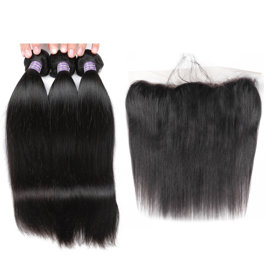 

3Bundles With 13*4 Transparent Lace Frontal 10A Brazilian Straight Hair Peruvian Hair Extensions Malaysian Human Hair Bundles With Closure, Natural color
