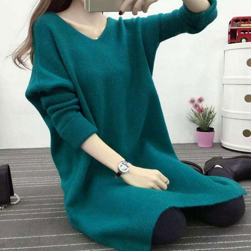 

New Arrival Thick Winter Knitted Women Sweater long solid color v-neck pullovers plus size mas weight 75kg, Black