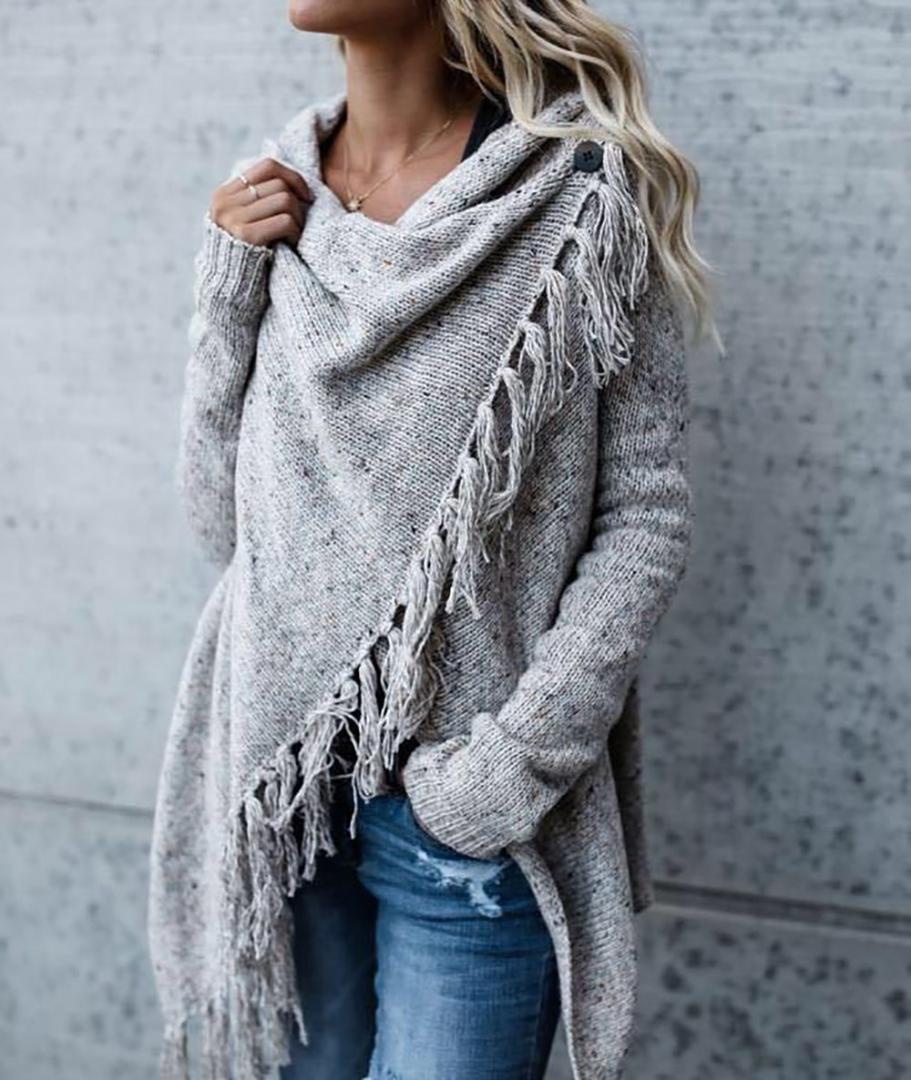 

Fashion Tassels Women Sweater Autumn Knit Solid Knitwear Casual Knitted sweater Long Sleeve Knitting Shirt Women Clothing, Gray
