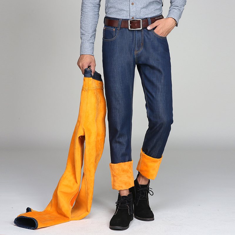

classic winter jeans for men narrow slim straight jeans casual thicken fleece size 28-40, Blue