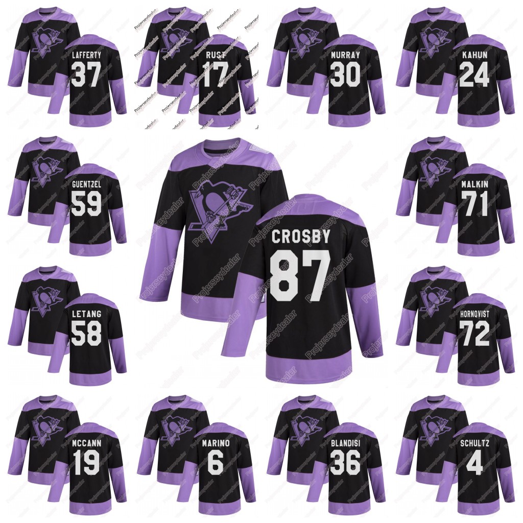 

2020 Fights Cancer Practice Black Jersey Pittsburgh Penguins Sidney Crosby Kris Letang Evgeni Malkin Hornqvist Dumoulin Murray Lafferty, Black;red