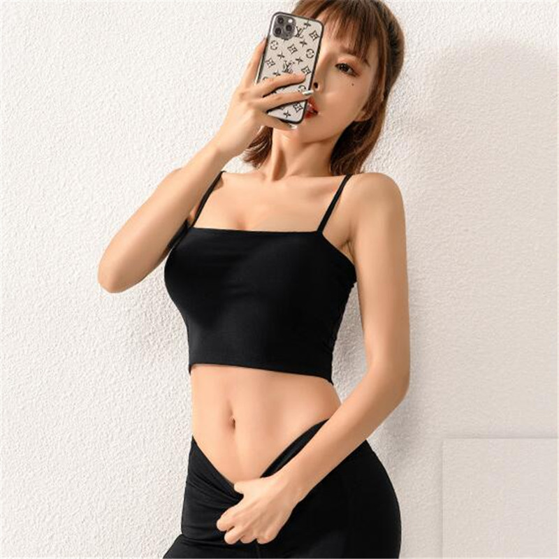 

Sexy Crop Top Seamless Sports Tank Women Fine Shoulder Strap Gym Sports Running Jogger Vest Yoga Sport Bra Top Padded Camisole, Black