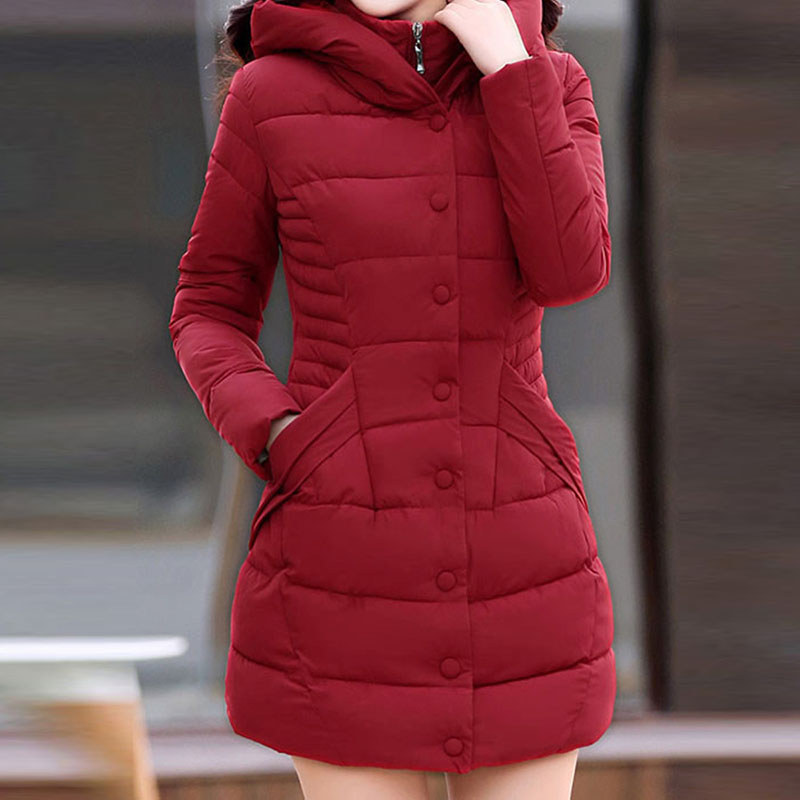 

Women Warm Coats Winter Office Lady Vintage Plus Size Slim Hooded Solid Pleated Button Pocket Female Fashion Elegant Overcoats, Black