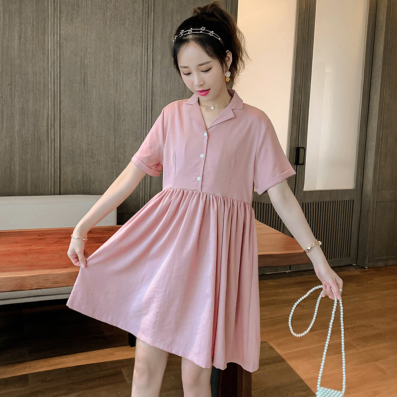 

Summer New Maternity Dress Short Sleeve Turn-Down Collar Pregnancy A-Line Dresses Cotton And Linen Clothes For Pregnant Women, Red