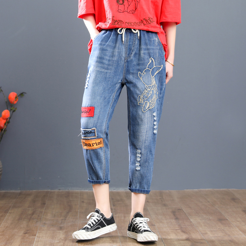 

Plus Size 2020 Ripped Jeans Harem Pants for Women Casual Loose Vintage Embroidery Denim Pants Capris High Waist Jeans Vaqueros, As pic