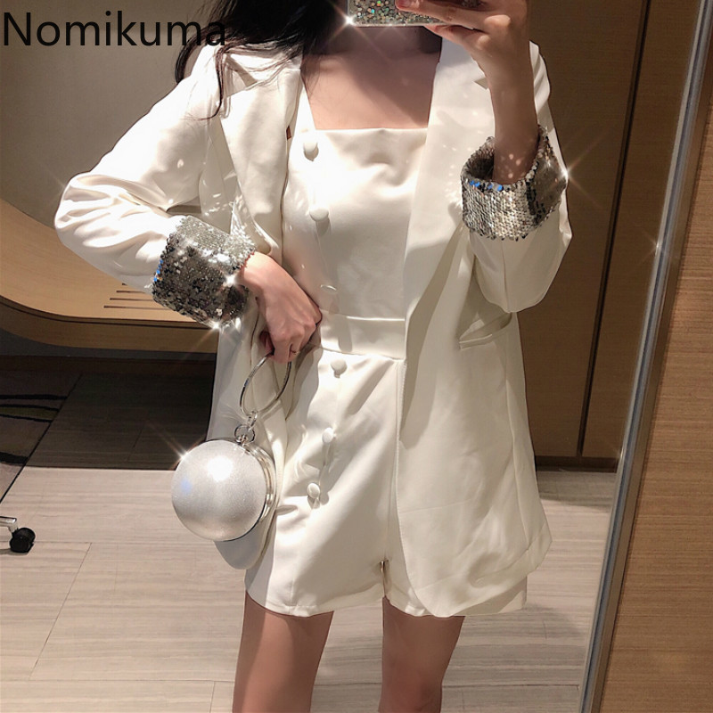 Nomikuma Elegant Blazer 2 Piece Set Women Sequined Solid Color Suit Double Breasted Fashion Playsuit Korean New Outfits 3a791