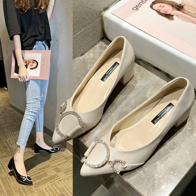 

2020 new large size pointed toe shallow mouth thick heel shoes women's fashion rhinestone mid-heel women's shoes high heels, Black