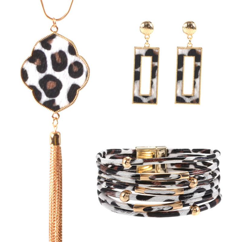 

Leopard Jewelry Set For Women Leopard Leather Bracelet Teardrop Drop Dangle Earrings Long Tassel Pendant Necklace, As pic
