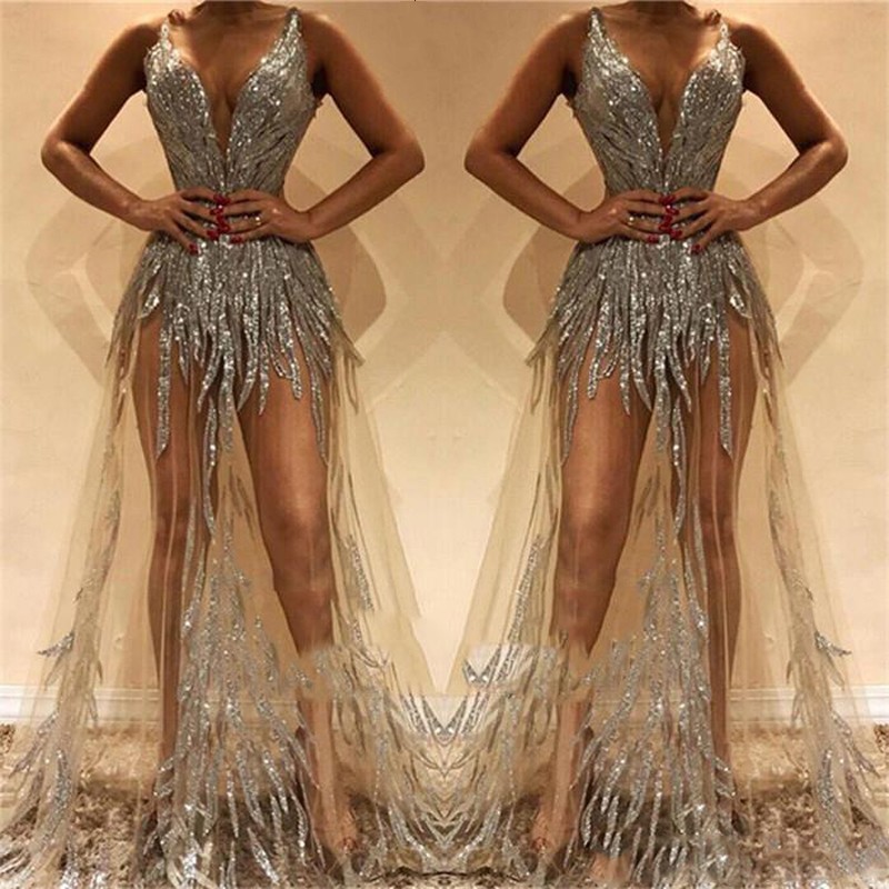 

2019 New Arrival Illusion Long Prom Dresses Deep V-Neck Beads Sequined Party Gowns See Through Chic Evening Dress Custom Made Robe de soiree, Silver