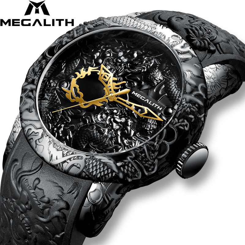 

MEGALITH Fashion Gold Dragon Sculpture Watch Men Quartz Watch Waterproof Big Dial Sport Watches Men Watch Top Luxury Brand Clock LY191206, Black gold quartz