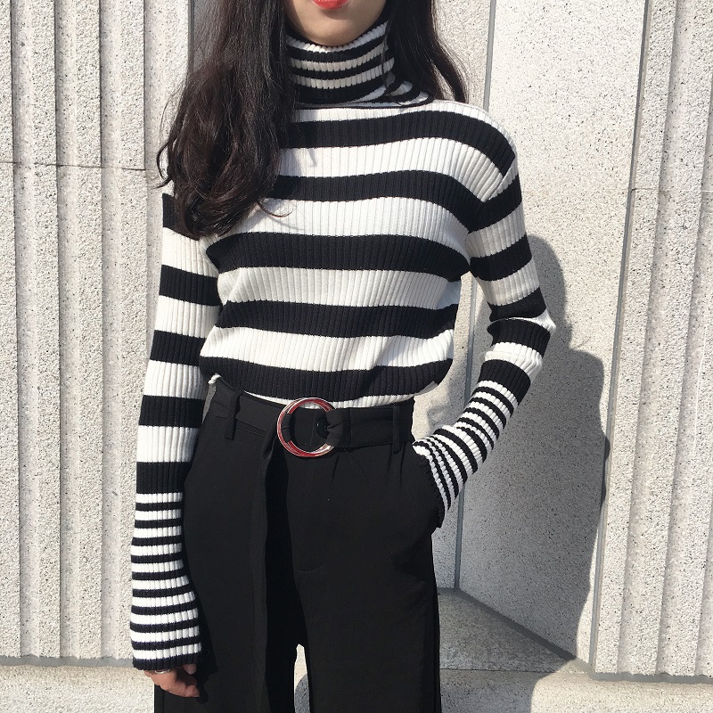

moda feminina umper Women's Clothing striped turtleneck casual long sleeve Sweaters spring fall Sweater pullovers top pull femme, Black