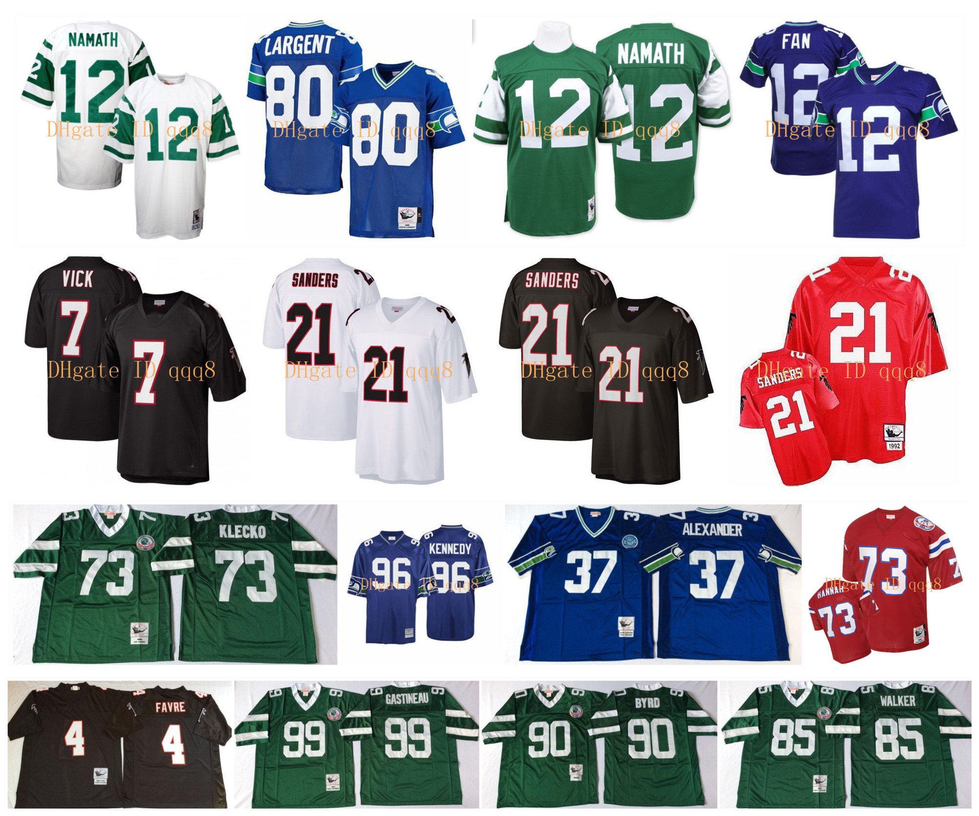 

Retro Jersey 21 Deion Sanders 4 Brett Favre 7 Michael Vick 12 Joe Namath 73 Joe Klecko 80 Steve Largent 12th Fan Mark Gastine M&N Football, As pic