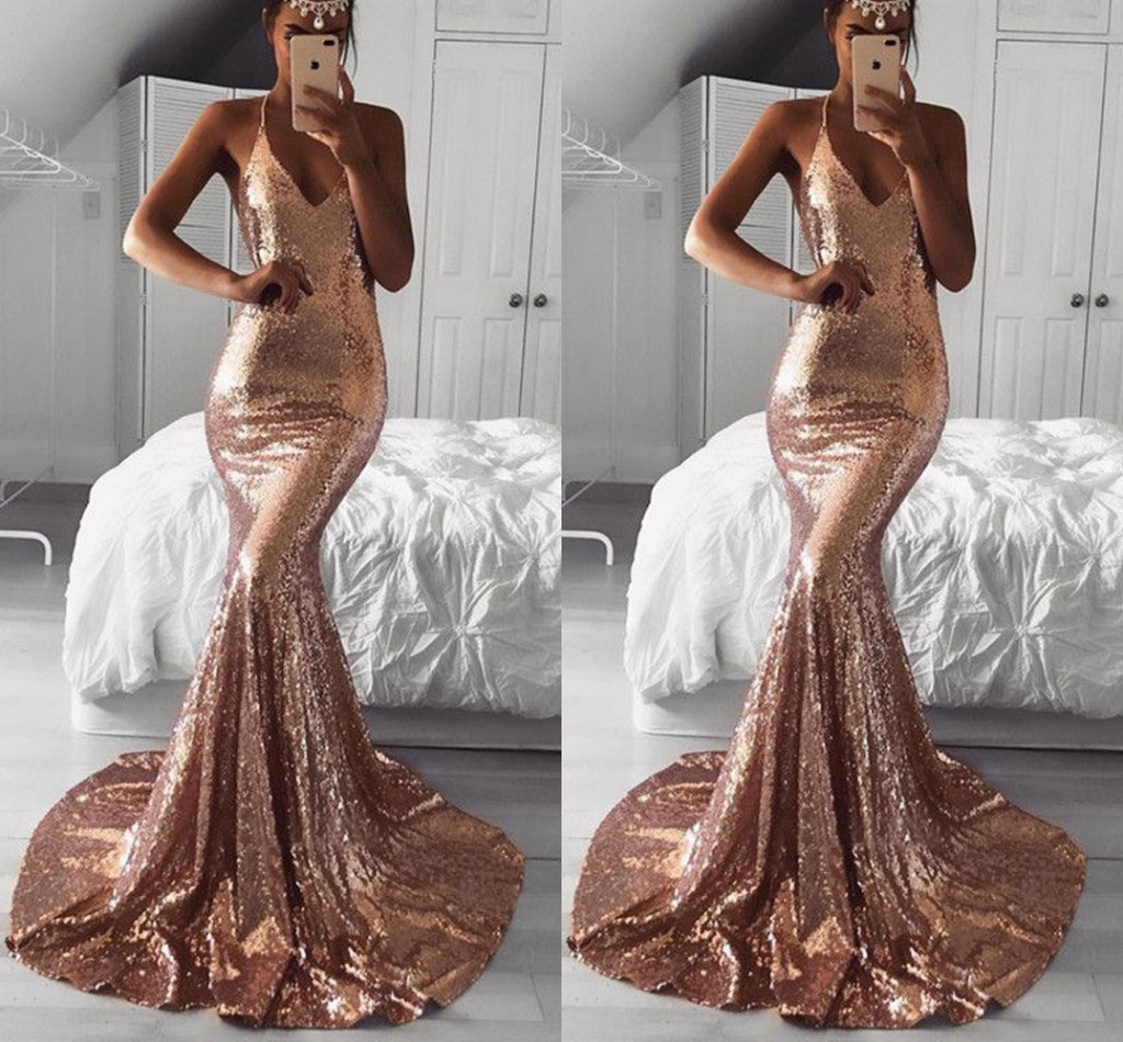 

Rose Gold Sexy Cheap Mermaid Prom Dresses Sequined Long Backless Dresses Evening Wear vestidos de fiesta Special Occasion Dress, Yellow