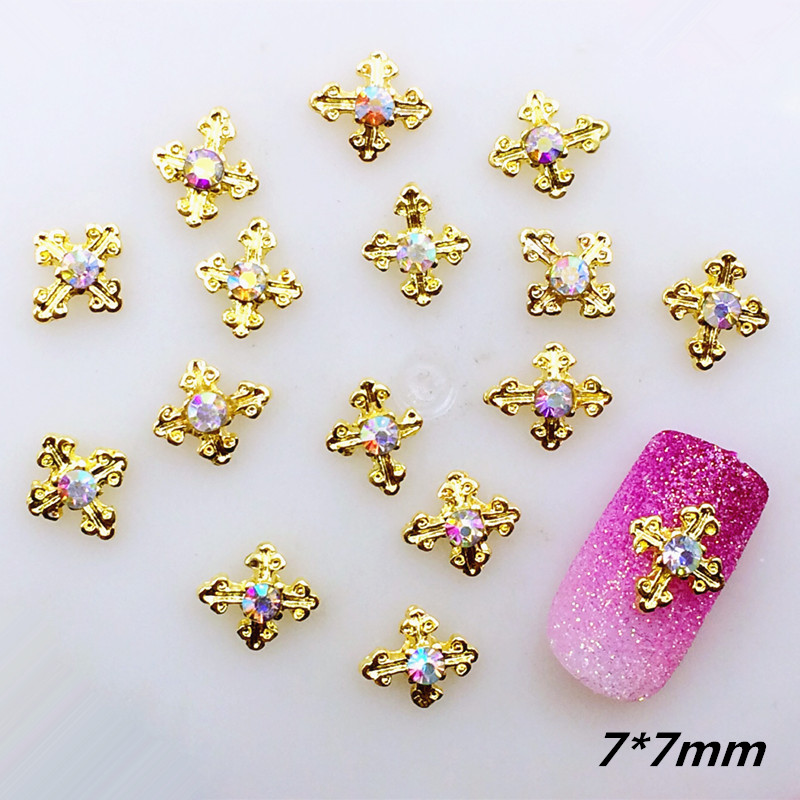 

10pcs/pack Japan Alloy Nail Art 3D Gold Cross with Rhinestone Metal Accessories for Phototherapy Nail Sticker DIY