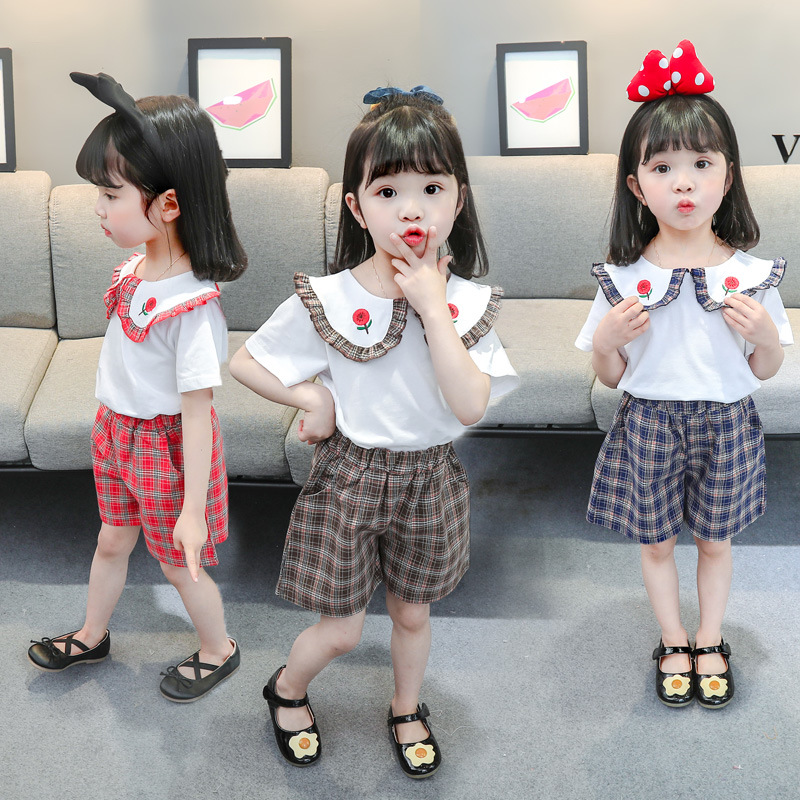 

2020 Summer Baby Girls Sets Flower Collar Shirt with Plaid Shorts, Blue