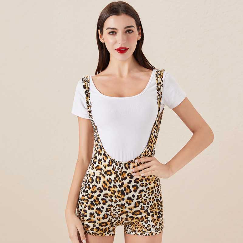 

Sexy Women Spandex Shorts Straps Leopard Printed Skinny Shorts Stretch Trouser Overalls Sports Gym Slim Trousers, Black
