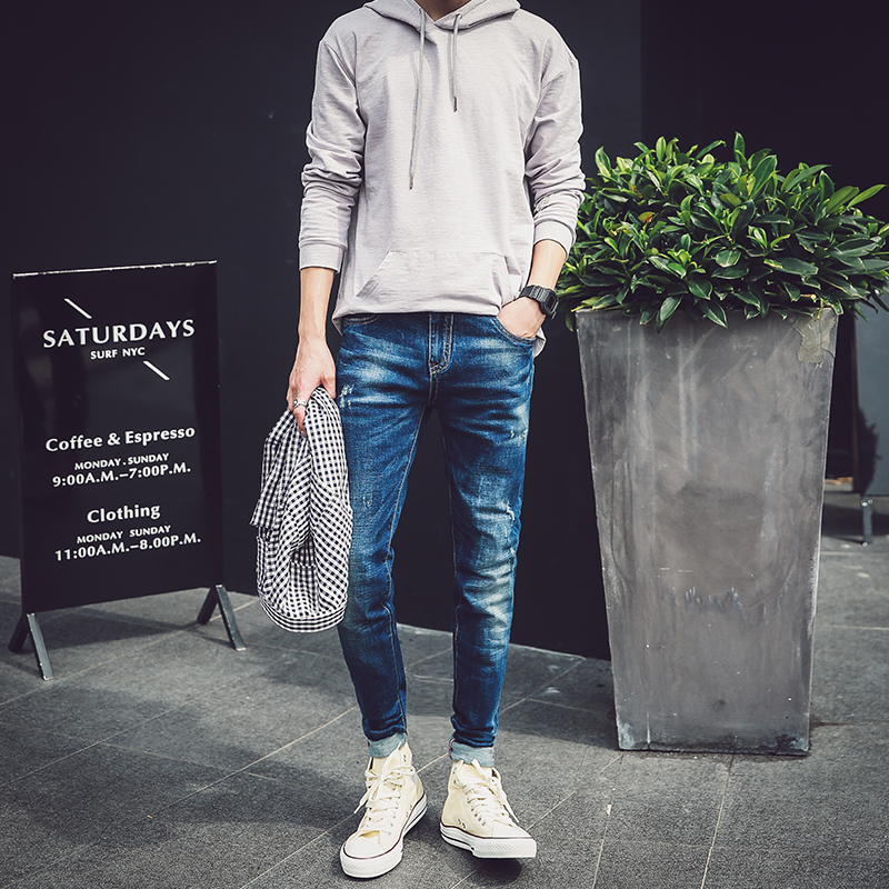 

2016 Free Shipping Men Jeans Hole Fashion Clothing Denim Elasticity Skinny Trousers Pencil Pants Ripped Jeans Letter Design, Blue