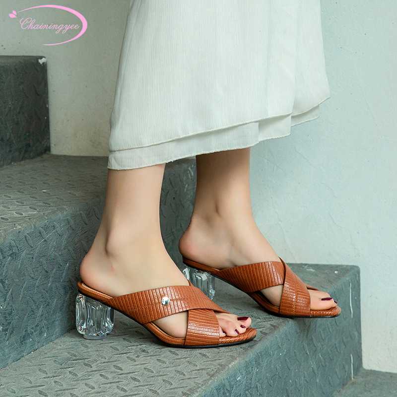 

Casual simple style comfortable cool summer slippers fashion rivets stripe black yellow brown transparent high heel women shoes
