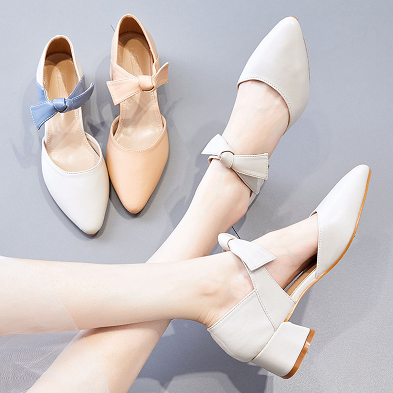 

Fairy Bowknot pointed toe cover heels women sandals med thick heels shoes women mary janes cutout closed toe femmes sandales2020, Beige