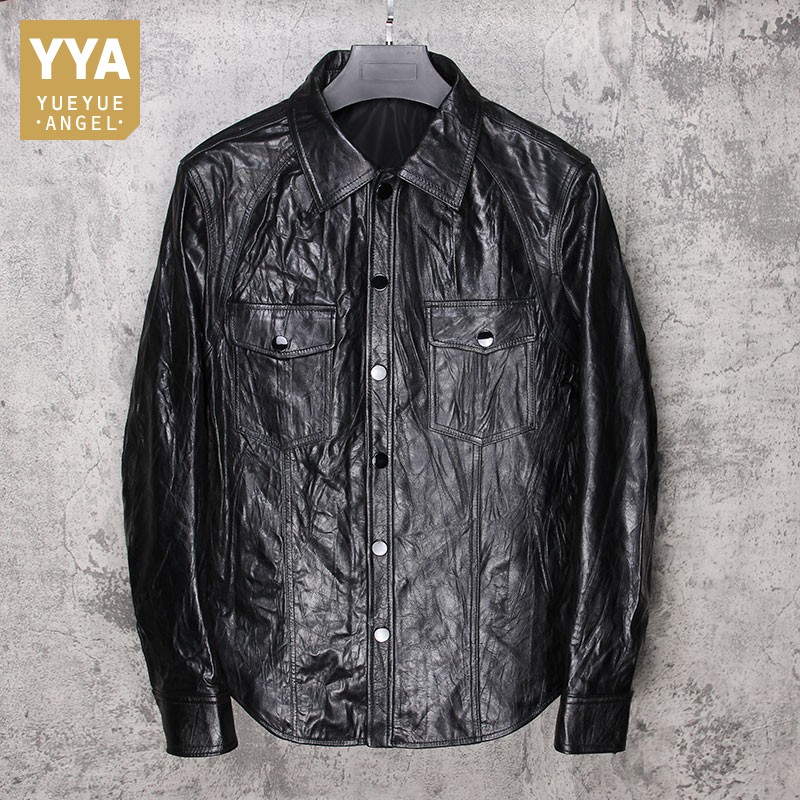 

Business Men Genuine Leather Jacket Slim Fit Single Breasted Vintage Natural Sheepskin Coat Male Casual Motorcycle Outerwear
