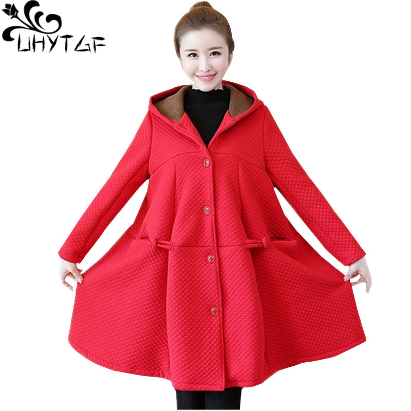 

UHYTGF Autumn winter trench coat womens fashion hooded oversized casual Female coat plus velvet thick warm Windbreaker women 797, Black