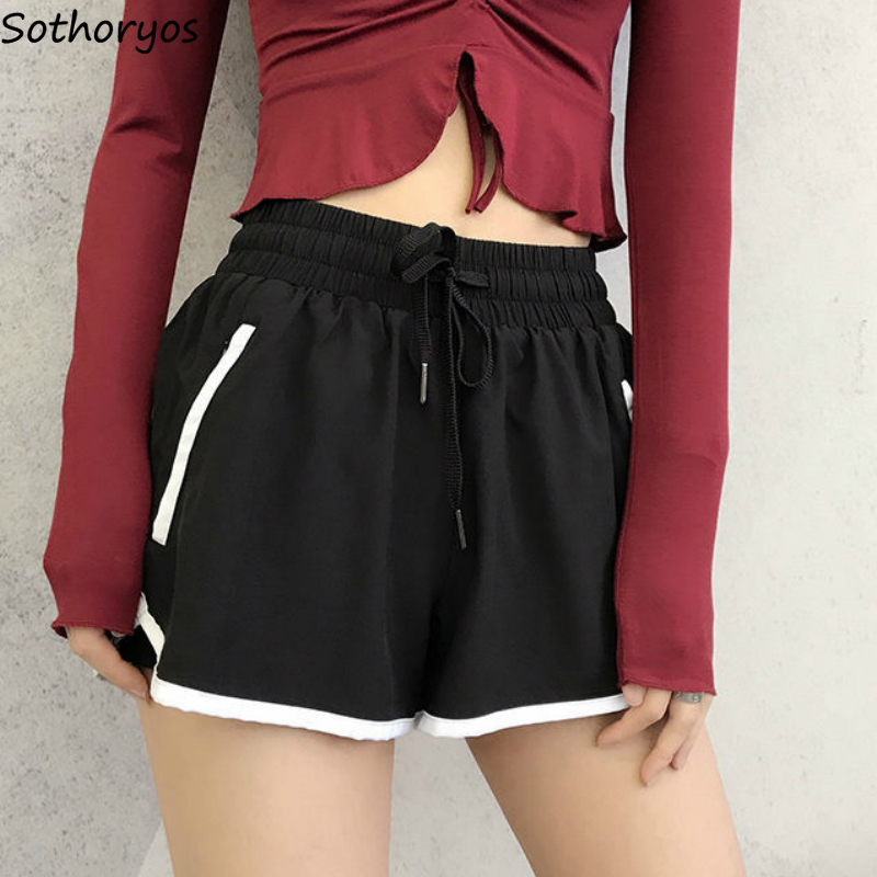 

Sleep Bottoms Women Patchwork Summer Oversize Loose Trendy Ins Korean Style Drawstring Chic Simple Womens Pajama Shorts Homewear, Black