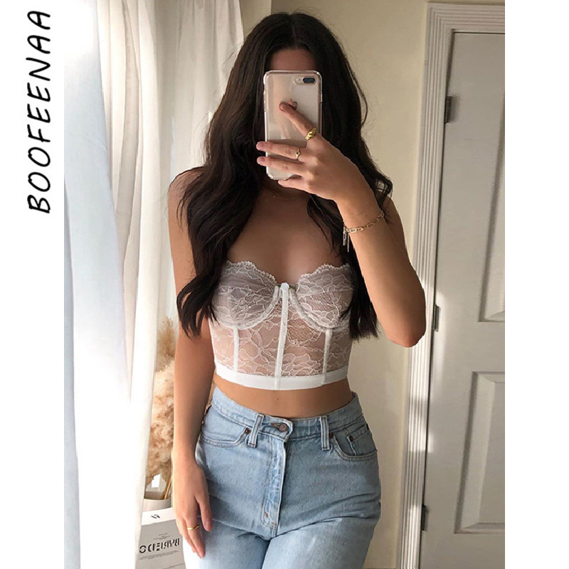 

BOOFEENAA See Through White Lace Spaghetti Strap Crop Top Sexy Clubwear Summer Backless Corset Tank Tops for Woman C71-I96