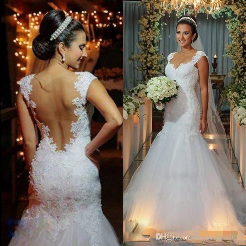 

Elegant White Mermaid Wedding Dress Jewel Capped Shoulder Beaded Lace Appliques Top Sheer Back Tulle Bridal Gowns vestidos de novia, Dark navy