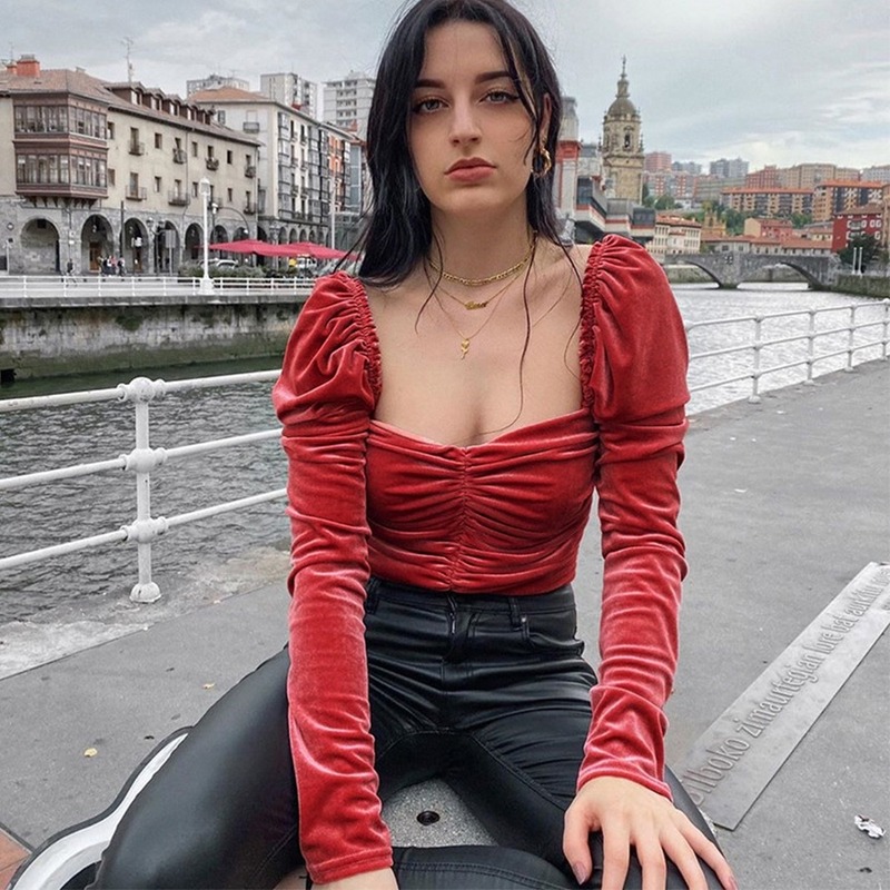 

Square Collar Gold Velvet T-shirt Women Sexy Long Sleeve Folds Short Tops Female Korean Vintage FashionT-shirt New, Pink
