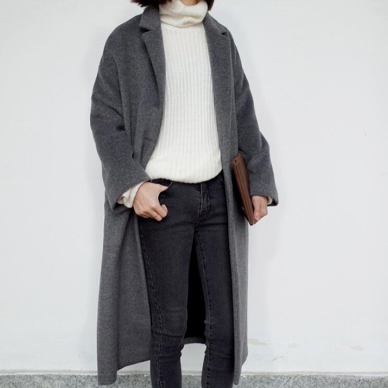 

Spring New Fashion Womens Slim Fit Woolen Long Jackets Female Retro Oversize Wool Blended Long Coat Ladies Outwears Size -L, Black
