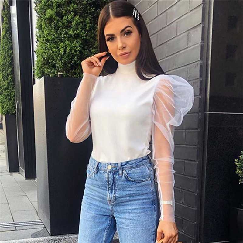 

New Fashion Women' Turtleneck Long Mesh Puff Sleeve T Shirt Solid Color Slim Tops Ladies Casual Tee Shirt Party Wear Summer, White