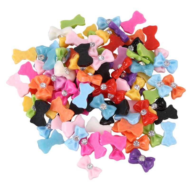 

1 Bag (100pcs)3D Mix Resin Rhinestone Glitter Bowknot Slice Nail Art Tips/Decals/Stickers DIY Decorations