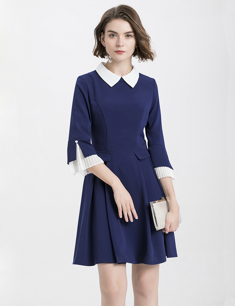 

Color Block Women A-Line Dress Lapel Neck Pleated Flare Sleeve Party Dresses 01HX9123, Green