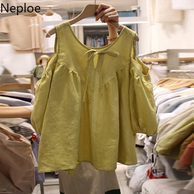 

Neploe Hollow Out Shoulderless Blouse Spring 2020 Korean Lace Up O Neck Female Blusa Shirt Fashion Short Sleeve Ladies Top 1A528, Yellow