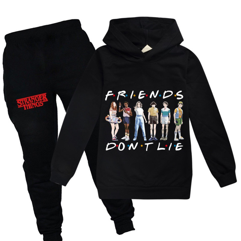 

HOT 2pcs/set Sale Stranger Things Kids Set Long Sleeve Hoodie Pants FRIENDS DONT LIE 9 Colors Available Kids Clothes Boys Girls Clothing, Black