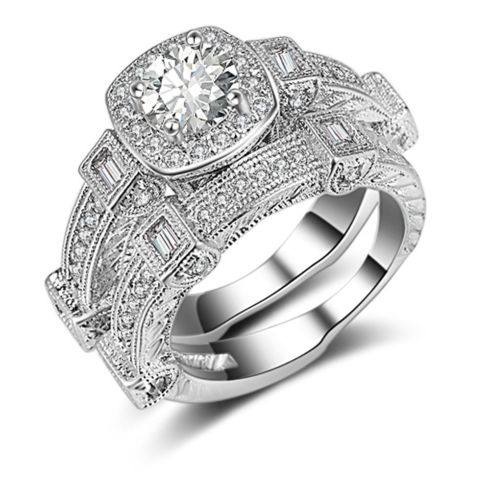 

2 Pieces Ring Set 4-Prong Settings 18k White Gold Filled Couple Rings Womens Mens Jewelry Wedding Bridal Accessories Size 6,7,8,9