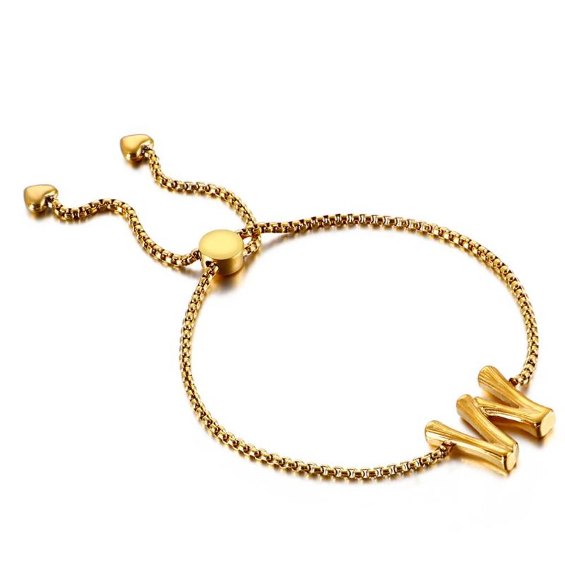 

Gold Bamboo Style Initial Letter Bracelet For Women Stainless Steel Adjustable Chain Bracelets