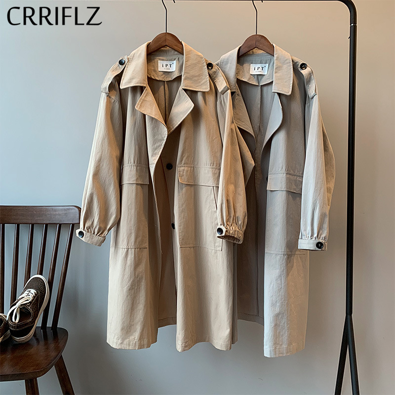 

Spring Medium Long Trench Coat Women Casual Big Pocket Trench Outwear 2020 New CRRIFLZ, Gray