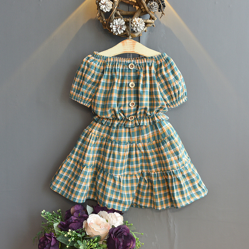 

KISBINI Summer Girls Dress Plaid Short-sleeves Cute Fashion Kids Girls Dresses New Design Children Dress Clothes, Green