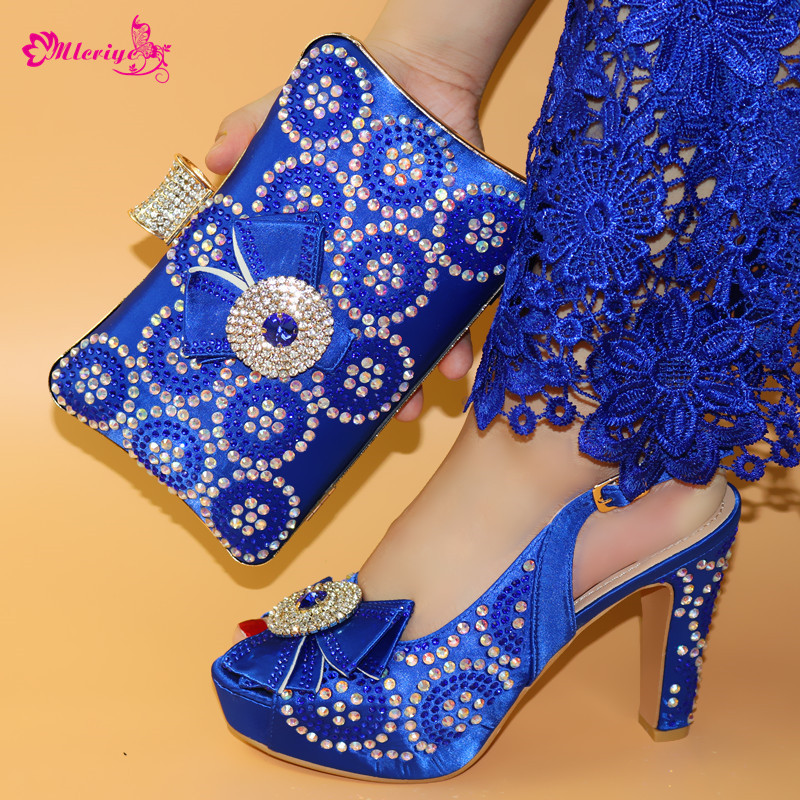 

Latest Italian Design Rhinestone Royal Blue Party Shoes And Bag Set Nigerian Summer High Heels Shoes And Bag Set For Woman, Black