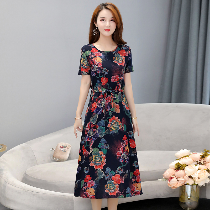 

Wholesale women's fashion summer dress new middle-aged and elderly mother dress mid-length cotton silk dress, 8#