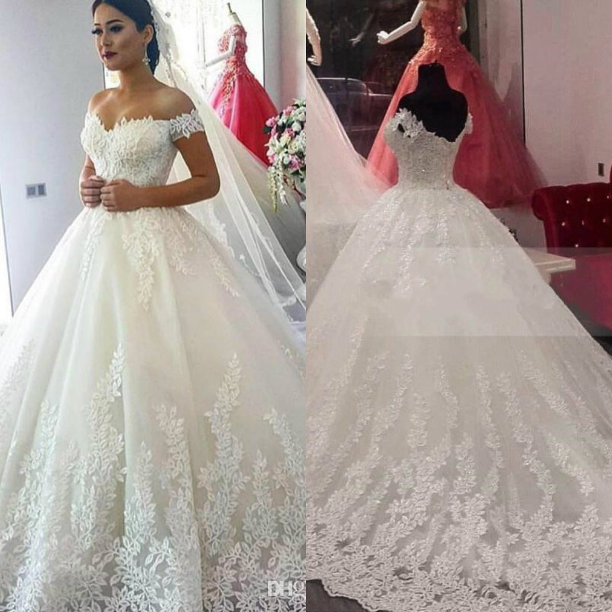 

2019 Ball Gown Wedding Dresses Plus Size Lace Off Shoulder Bridal Gowns Custom Lace Appliques Sweep Train Bohemian Wedding Dress, Ivory