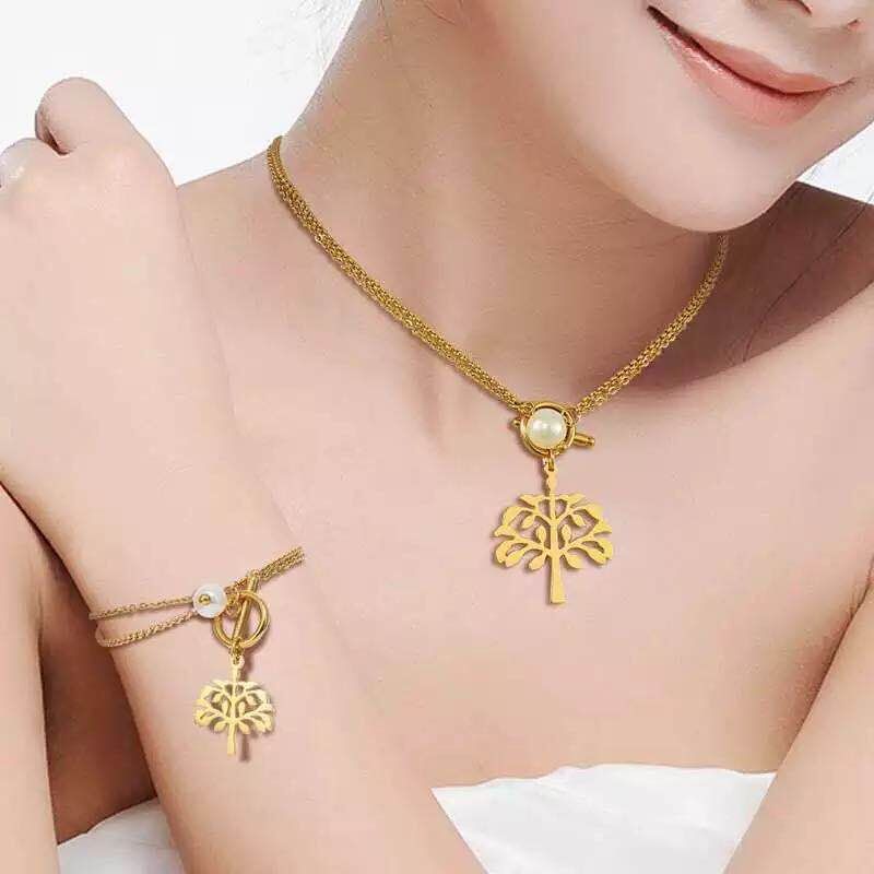 

316L Stainless Steel Link Chain Gold/Silver Color Choker Necklace and Bracelet Jewelry Sets Tree of Life Jewelry For Women Gift, As pic