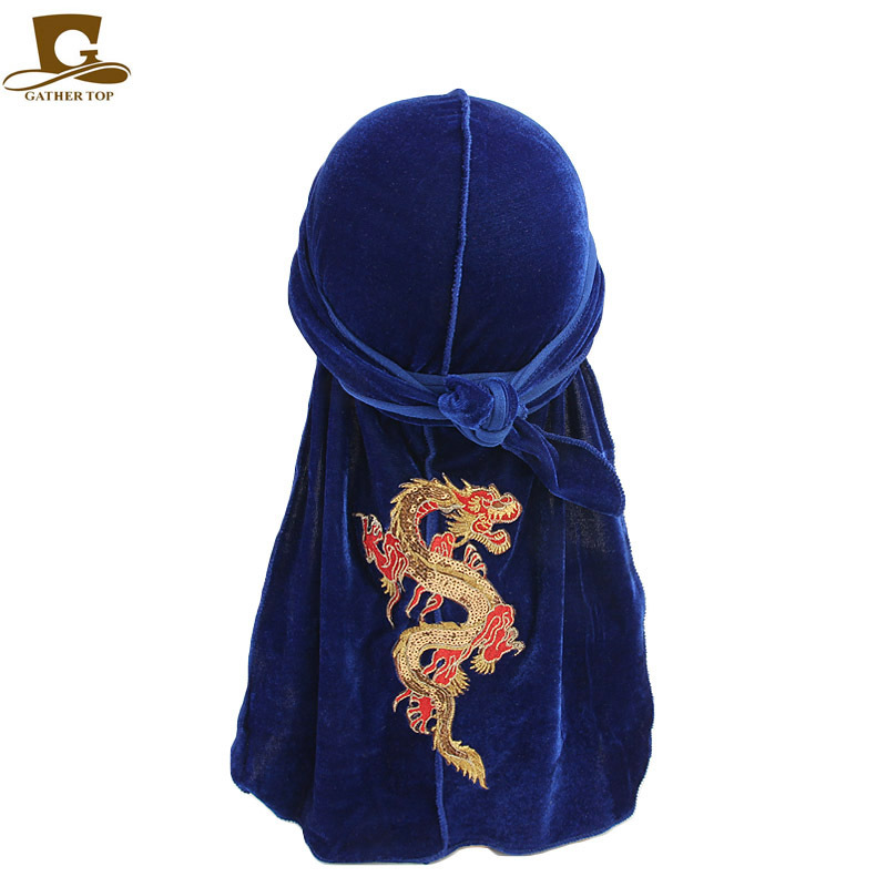 

New Hot Beanie Skull Caps Velvet Durag For Men and Women High quality Black Dragon embroidery Long-Tail Doo-Rags 360 Wave Durags, Red