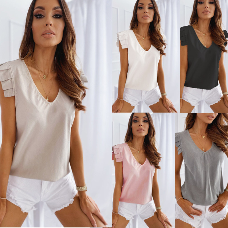 

Ruffle Sleeve Woman' T Shirts 2020Summer Tops Woman V Neck Solid Shirts Female TShirts Casual Office Streetwear Tops Tees Woman, Black