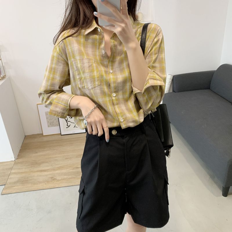 

Spring Summer Lapel Loose Plaid Shirts Women Fashion Chic Long Sleeve Thin Breathable Blouse Blusas Female All Match Simple Tops, Blue