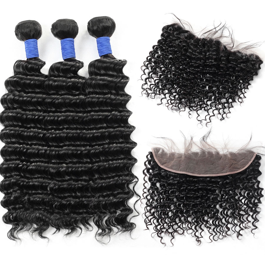 

10A Brazilian Deep Wave 3Bundles with 13*4 Lace Frontal Peruvian Malaysian Virgin Human hair Bundles with Closure Wholesale for Women All Ages Jet Black, Natural color