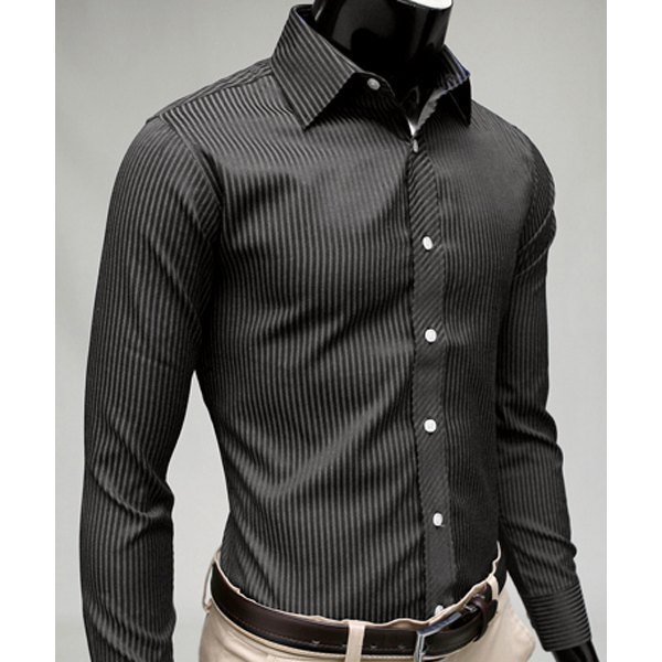 

2020 Gentleman Stripe Long Sleeve Shirt Leisure Men's Casual Slim Long-sleeved Shirt Top Blouse Business Men Brand Clothing, Black